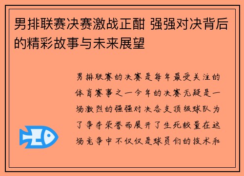 男排联赛决赛激战正酣 强强对决背后的精彩故事与未来展望